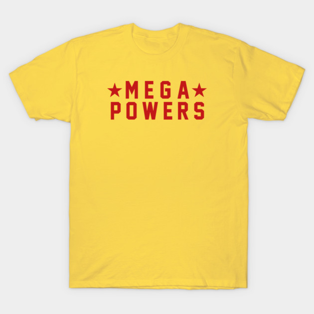 Yellow t-shirt with "Mega Powers" text in red, casual style, cotton material, perfect for everyday wear.