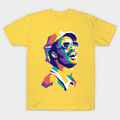 Yellow graphic t-shirt with colorful abstract design, casual style, cotton material, ideal for everyday wear.