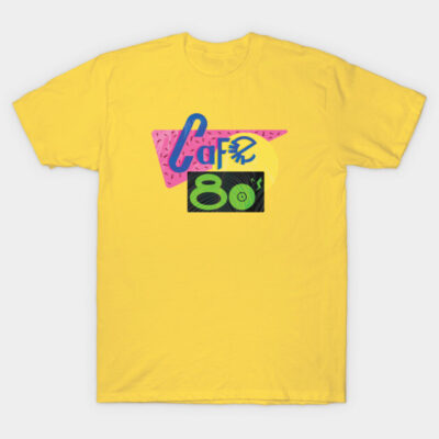 Yellow graphic T-shirt with retro 80s design, casual style, perfect for vintage fashion enthusiasts.