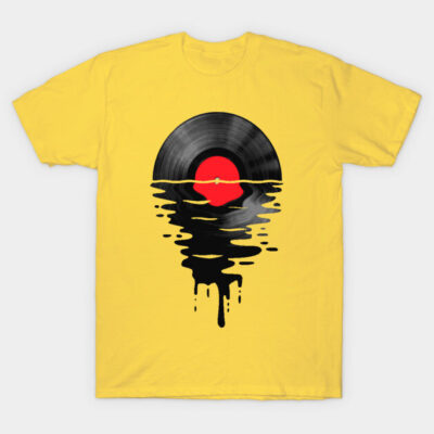 Yellow T-shirt with black vinyl record and red sun design, casual wear, cotton material, unisex.