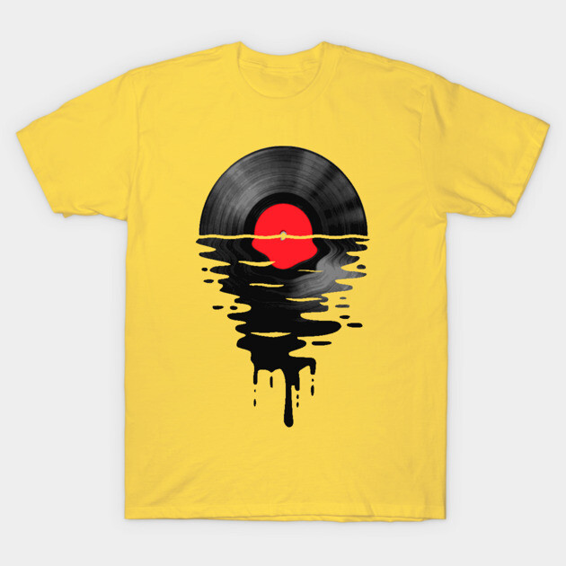 Vinyl LP Music Record Sunset Red T-Shirt 1 Yellow T-shirt with black vinyl record and red sun design, casual wear, cotton material, unisex.