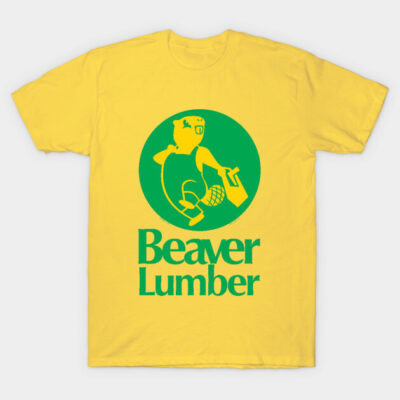 Yellow Beaver Lumber t-shirt with green logo, casual cotton apparel for everyday wear.