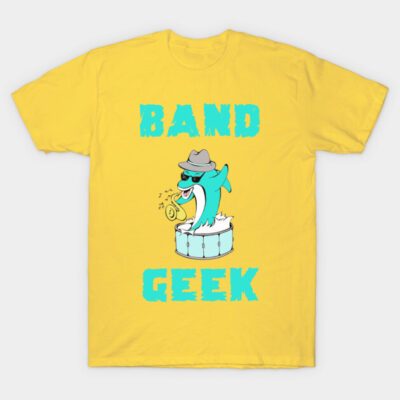 Yellow "Band Geek" t-shirt featuring cartoon dolphin playing trumpet, casual cotton style for music enthusiasts.