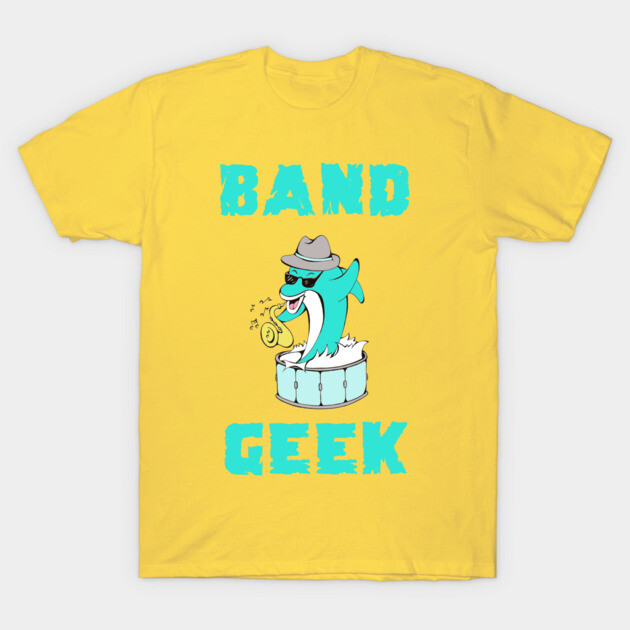 Yellow "Band Geek" t-shirt featuring cartoon dolphin playing trumpet, casual cotton style for music enthusiasts.