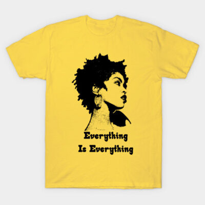 Yellow graphic T-shirt with black silhouette design and "Everything Is Everything" text, casual cotton wear.