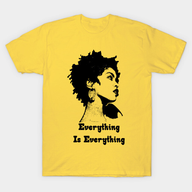 Yellow graphic T-shirt with black silhouette design and "Everything Is Everything" text, casual cotton wear.
