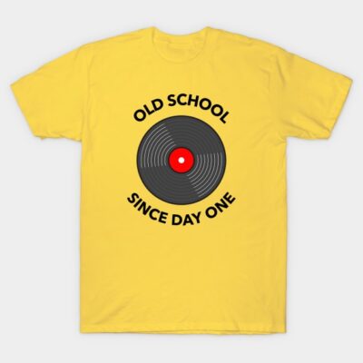 Yellow t-shirt with "Old School Since Day One" vinyl record design, casual style, cotton material for everyday wear.