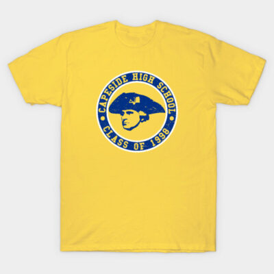 Yellow vintage-style t-shirt with "Capeside High School Class of 1998" blue print, casual wear, cotton fabric.