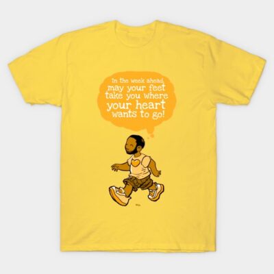 Yellow graphic t-shirt with motivational quote and cartoon design, casual style, 100% cotton, unisex.