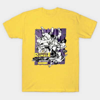 Yellow cotton t-shirt featuring a bold graphic design with wrestling theme, ideal for casual wear and sports fans.