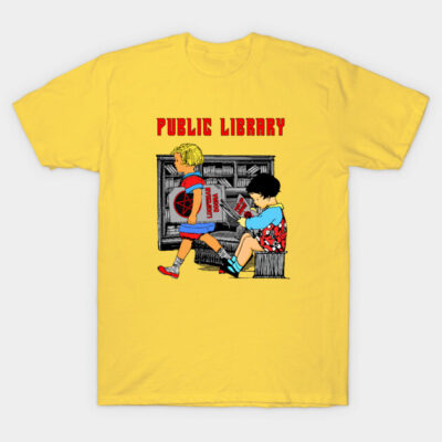 Yellow t-shirt with "Public Library" design, featuring cartoon children reading, casual wear, cotton material.