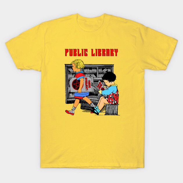 Yellow t-shirt with "Public Library" design, featuring cartoon children reading, casual wear, cotton material.