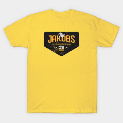 Yellow graphic tee with bold black and orange text design, casual style, made from soft cotton, unisex fit.