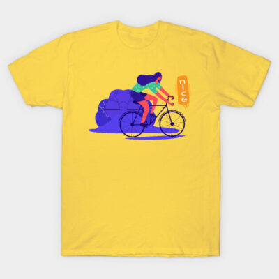 Yellow t-shirt with vibrant cycling graphic, casual style, perfect for outdoor activities, made from soft cotton.