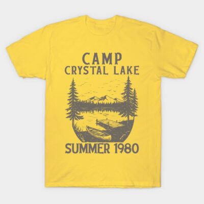 Yellow "Camp Crystal Lake" graphic tee, vintage summer 1980 design, casual unisex cotton t-shirt for outdoor enthusiasts.