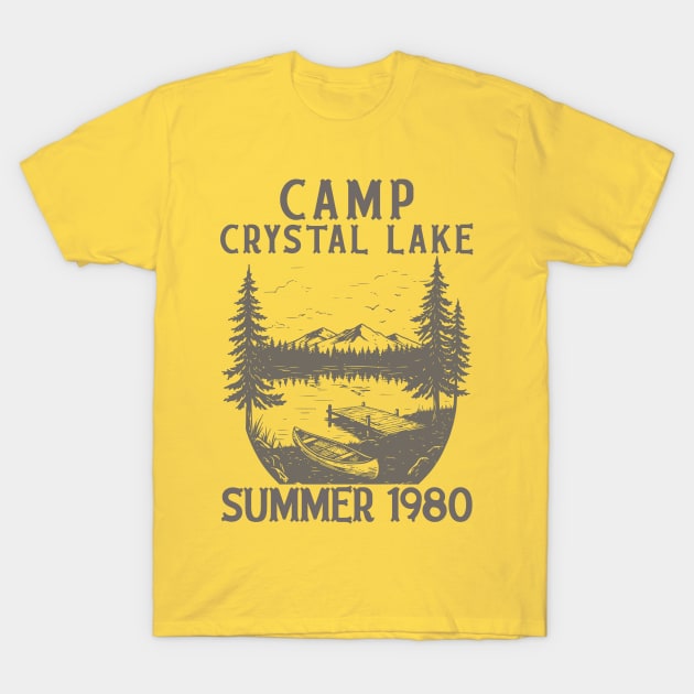 Yellow "Camp Crystal Lake" graphic tee, vintage summer 1980 design, casual unisex cotton t-shirt for outdoor enthusiasts.