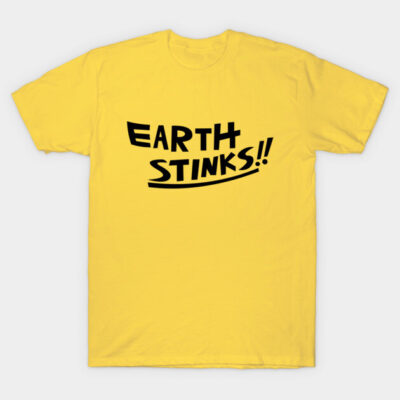 Yellow T-shirt with bold black text "Earth Stinks!!", casual style, soft cotton material for everyday wear.