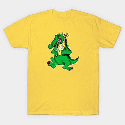 Yellow T-shirt with cartoon crocodile graphic, casual style, 100% cotton, suitable for everyday wear.