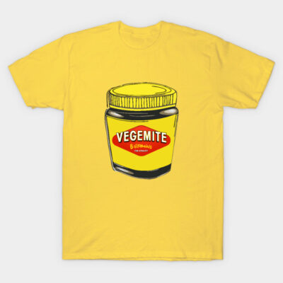 Yellow T-shirt featuring a Vegemite jar graphic, casual style, perfect for fans of iconic spreads.