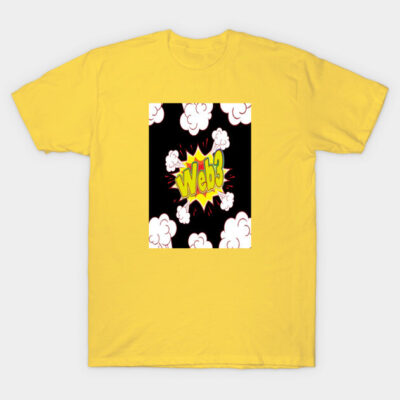 Yellow t-shirt with "Web3" comic-style graphic and cloud design, perfect for casual wear and tech enthusiasts.
