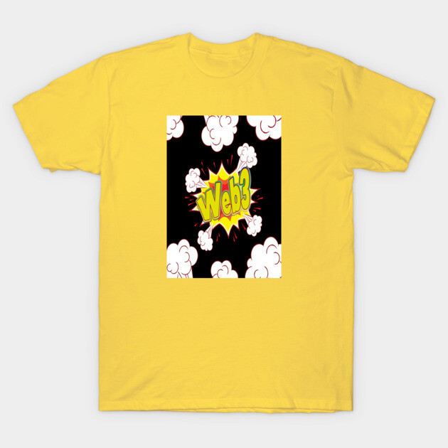 Yellow t-shirt with "Web3" comic-style graphic and cloud design, perfect for casual wear and tech enthusiasts.
