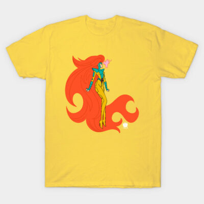 Yellow graphic t-shirt with vibrant abstract design, featuring bold red and blue colors, perfect for casual wear.