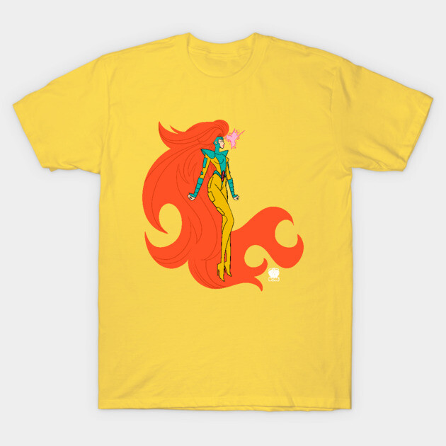 Yellow graphic t-shirt with vibrant abstract design, featuring bold red and blue colors, perfect for casual wear.
