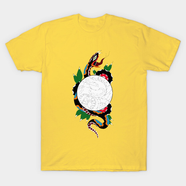 Yellow T-shirt with colorful snake graphic design, short sleeve, casual wear, 100% cotton material.