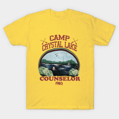 Yellow Camp Crystal Lake Counselor T-shirt, 1980 vintage style, casual wear, soft cotton fabric.
