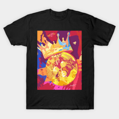 Black t-shirt with colorful abstract crown and circle design, ideal for casual wear, cotton material.