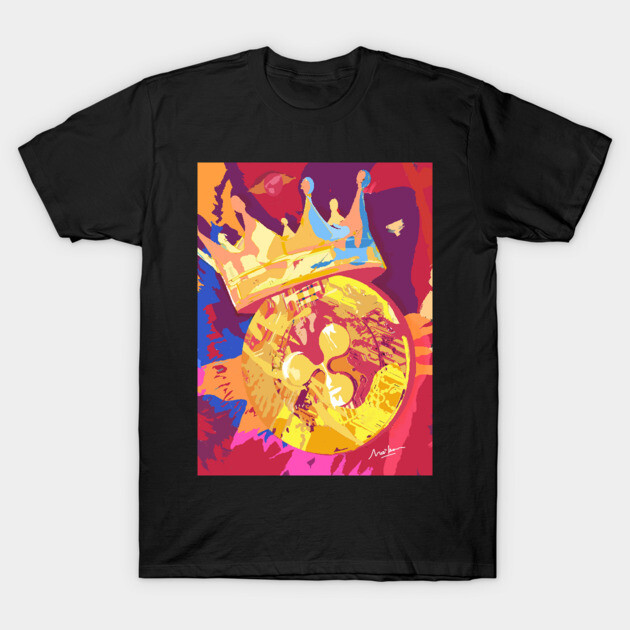 Black t-shirt with colorful abstract crown and circle design, ideal for casual wear, cotton material.