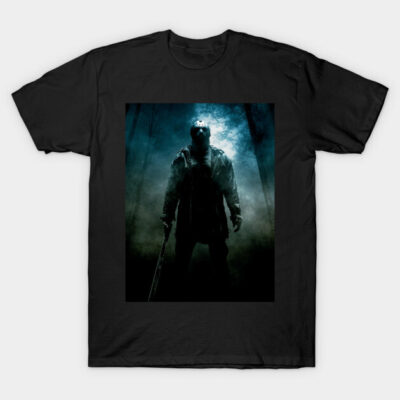 Black horror-themed T-shirt with dark forest graphic, ideal for casual wear or Halloween, made from soft cotton material.