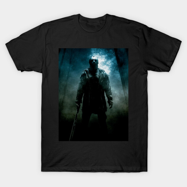 Black horror-themed T-shirt with dark forest graphic, ideal for casual wear or Halloween, made from soft cotton material.