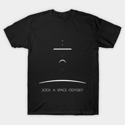 Black "2001: A Space Odyssey" graphic t-shirt, minimalist design, unisex casual wear, 100% cotton fabric.