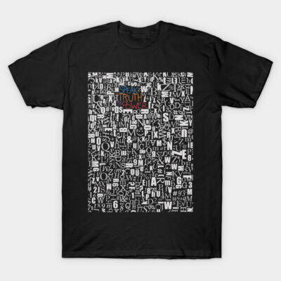Black t-shirt with abstract white text design, highlighting "Speak Truth to Power" in red and blue, casual style.