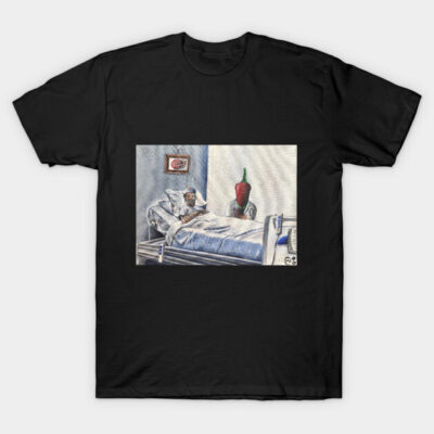 Black cotton T-shirt with humorous hospital and chili pepper print, casual wear, unisex.
