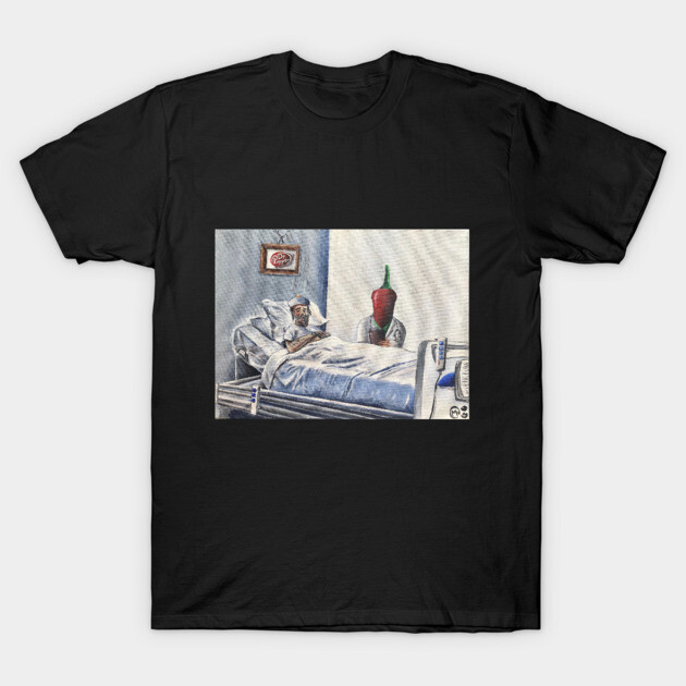 Black cotton T-shirt with humorous hospital and chili pepper print, casual wear, unisex.