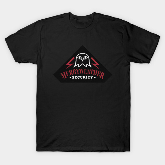 Black t-shirt with "Merryweather Security" logo, featuring a bold red and white design. Casual wear, cotton material.