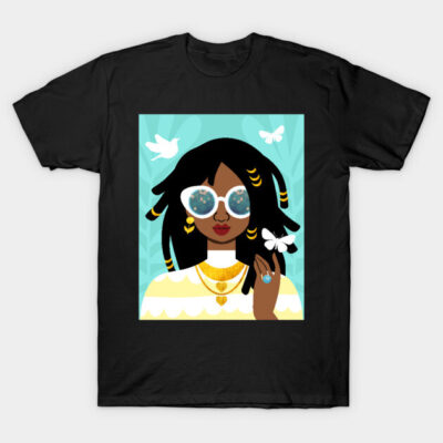 Black graphic t-shirt featuring colorful illustrated portrait with sunglasses and jewelry. Casual style cotton tee.