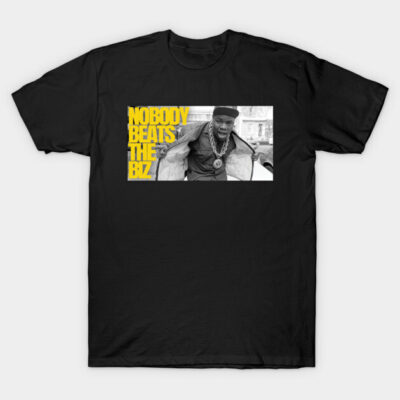 Black graphic t-shirt with yellow "Nobody Beats the Biz" text, featuring a retro hip-hop style design.