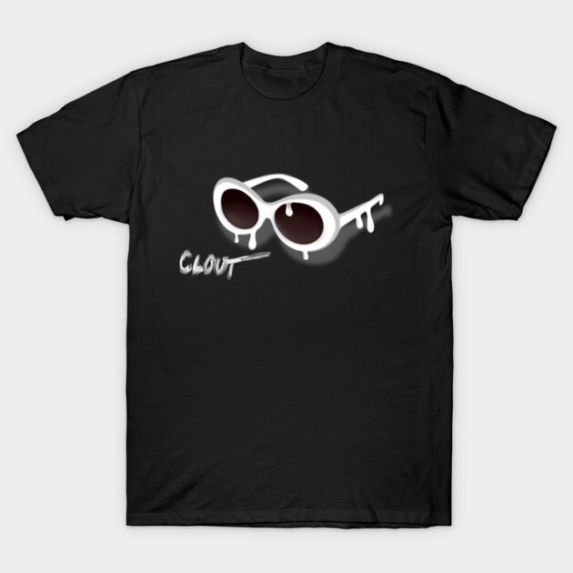 Black t-shirt with white graphic sunglasses and "clout" text, casual streetwear style, cotton material.