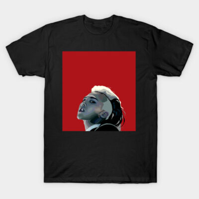 Black cotton t-shirt with bold graphic design on red background, modern style for casual wear.