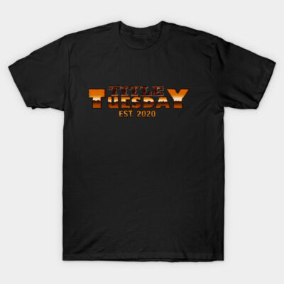 Black cotton t-shirt with "Title Tuesday Est. 2020" graphic in orange text, casual wear for everyday use.