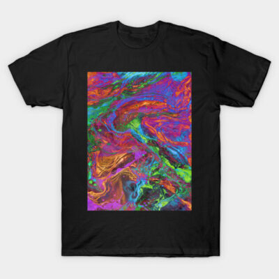 Black t-shirt with vibrant abstract marble pattern design, multicolor style, casual wear, cotton material.
