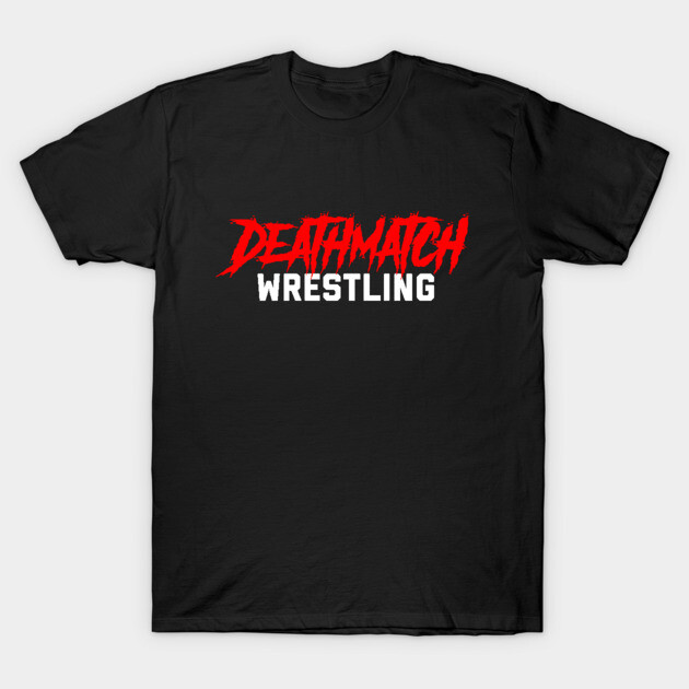 Black "Deathmatch Wrestling" T-shirt, bold red and white text, casual style, cotton material, unisex design.