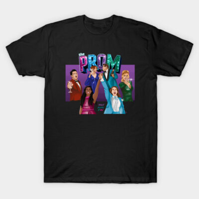 Black T-shirt featuring colorful "The Prom" graphic design, casual style, ideal for fans of musicals, unisex cotton blend.