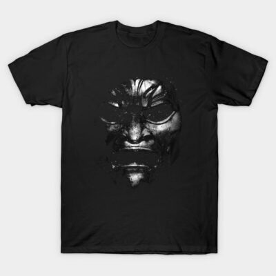 Black t-shirt with abstract silver mask design, casual wear, 100% cotton, unisex, ideal for everyday style.