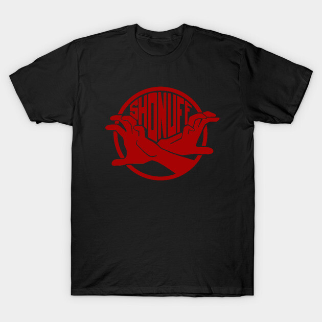 Black t-shirt with red graphic logo design, casual style, cotton material, perfect for everyday wear.