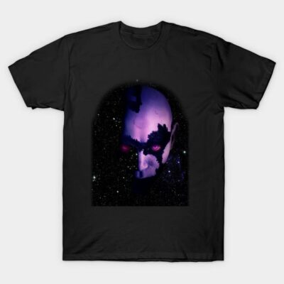 Black t-shirt featuring a purple and black abstract face design with cosmic background, perfect for casual wear.