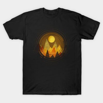Black t-shirt with abstract mountain and sun graphic, casual wear, cotton material, ideal for outdoor enthusiasts.